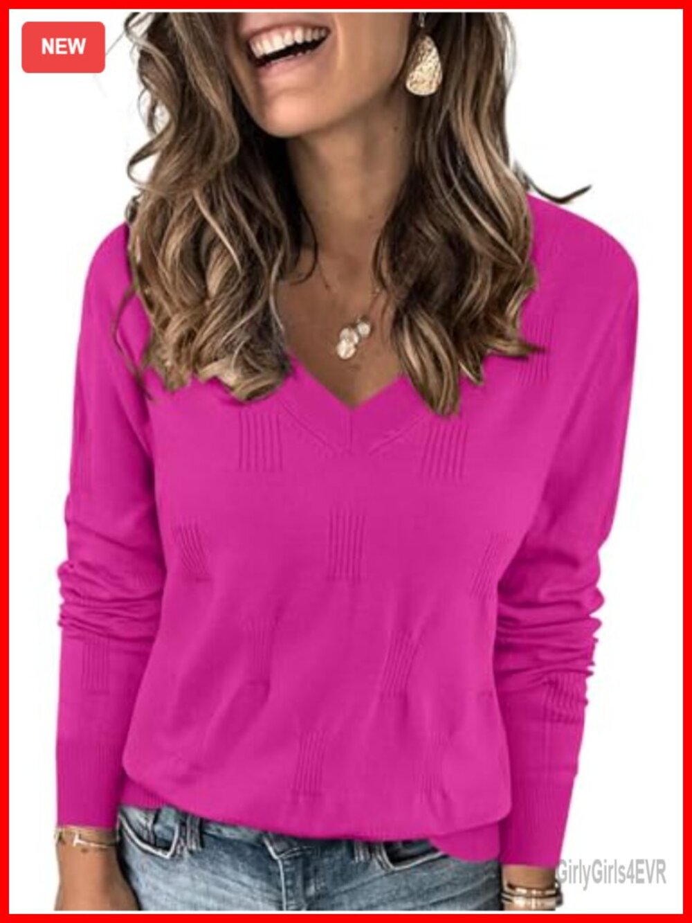 Women's V-Neck Long Sleeve Soft Knit Pullover Sweater Casual Top